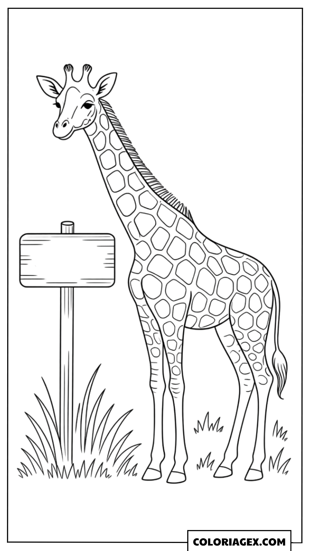 Coloriage Girafe à côté d’un panneau