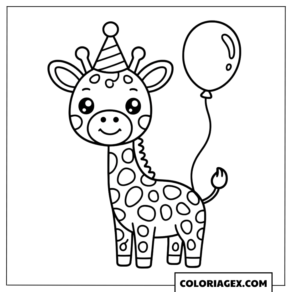 Coloriage Girafe avec chapeau de fête et ballon