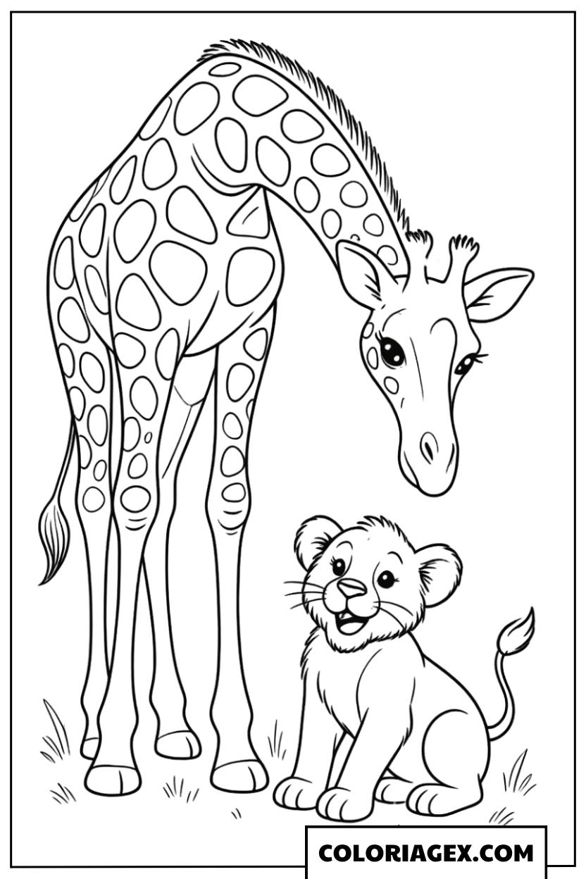Coloriage Girafe avec un lionceau
