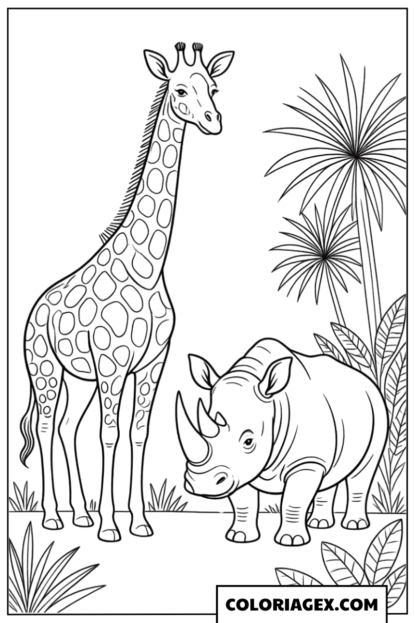 Coloriage Girafe avec un rhinocéros