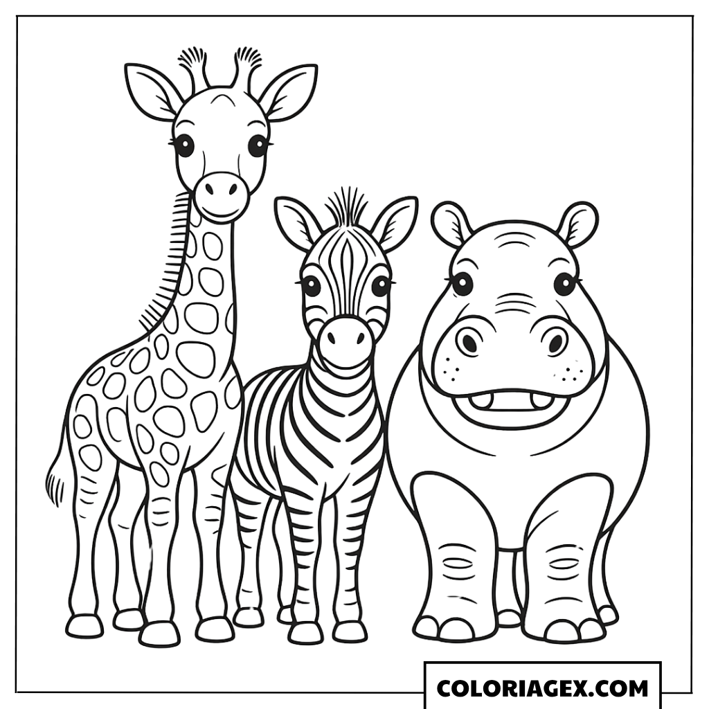 Coloriage Girafe avec zèbre et hippopotame