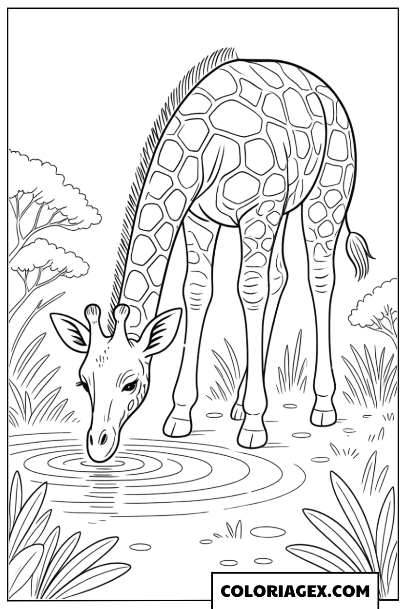 Coloriage Girafe buvant à la rivière