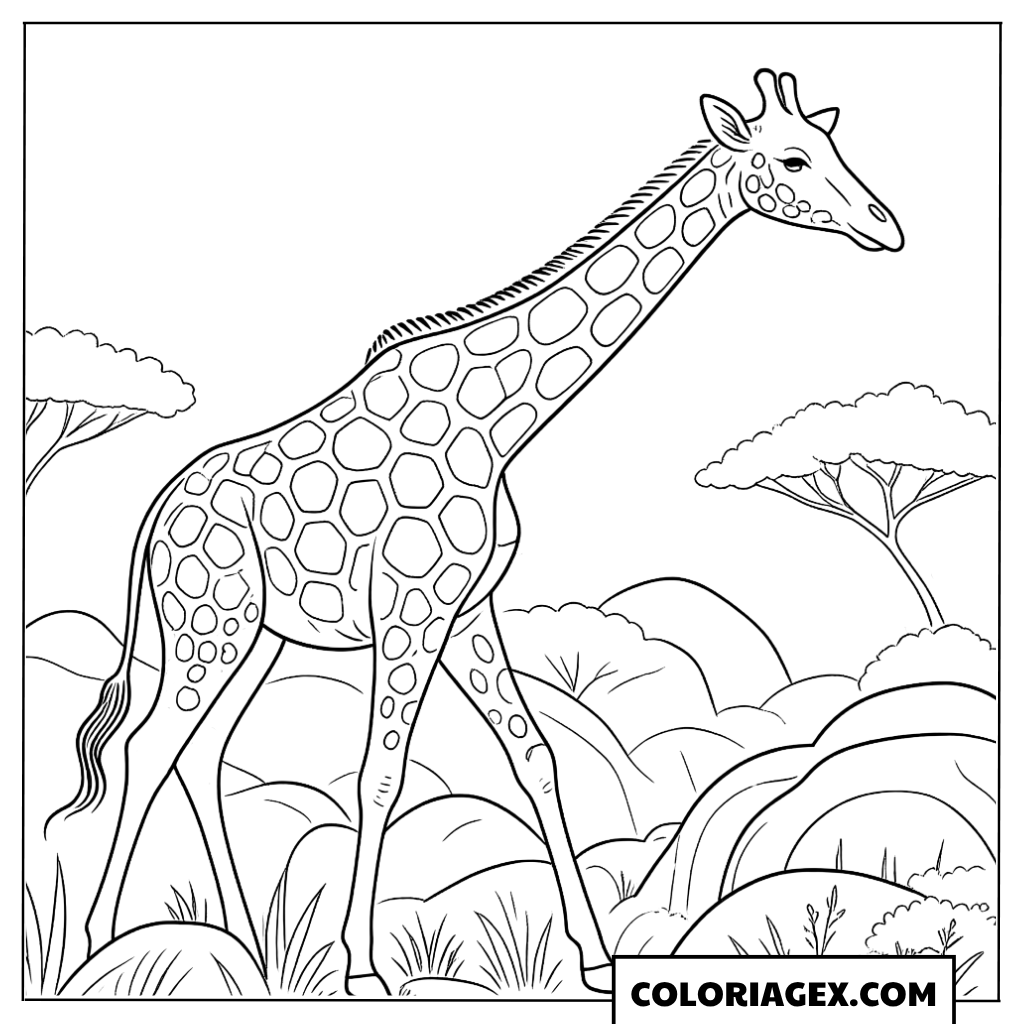 Coloriage Girafe dans la savane avec arbres