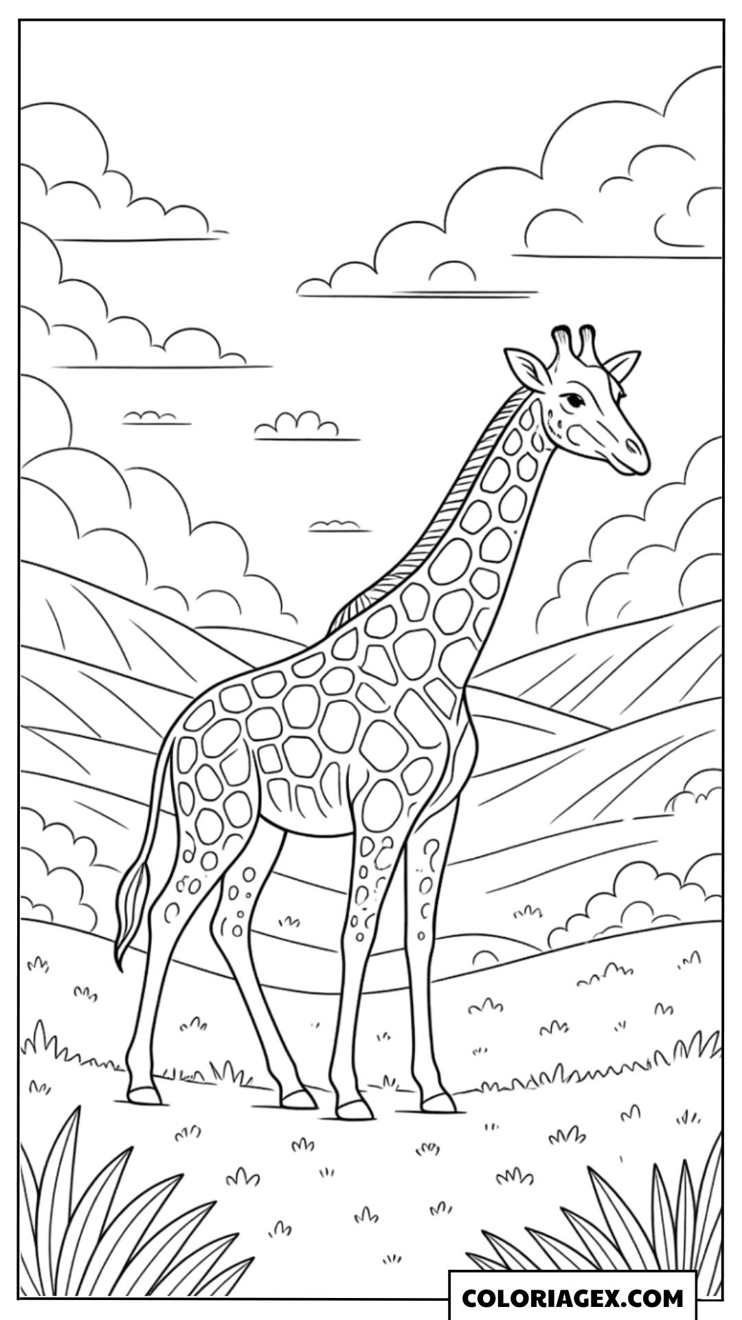 Coloriage Girafe devant les montagnes
