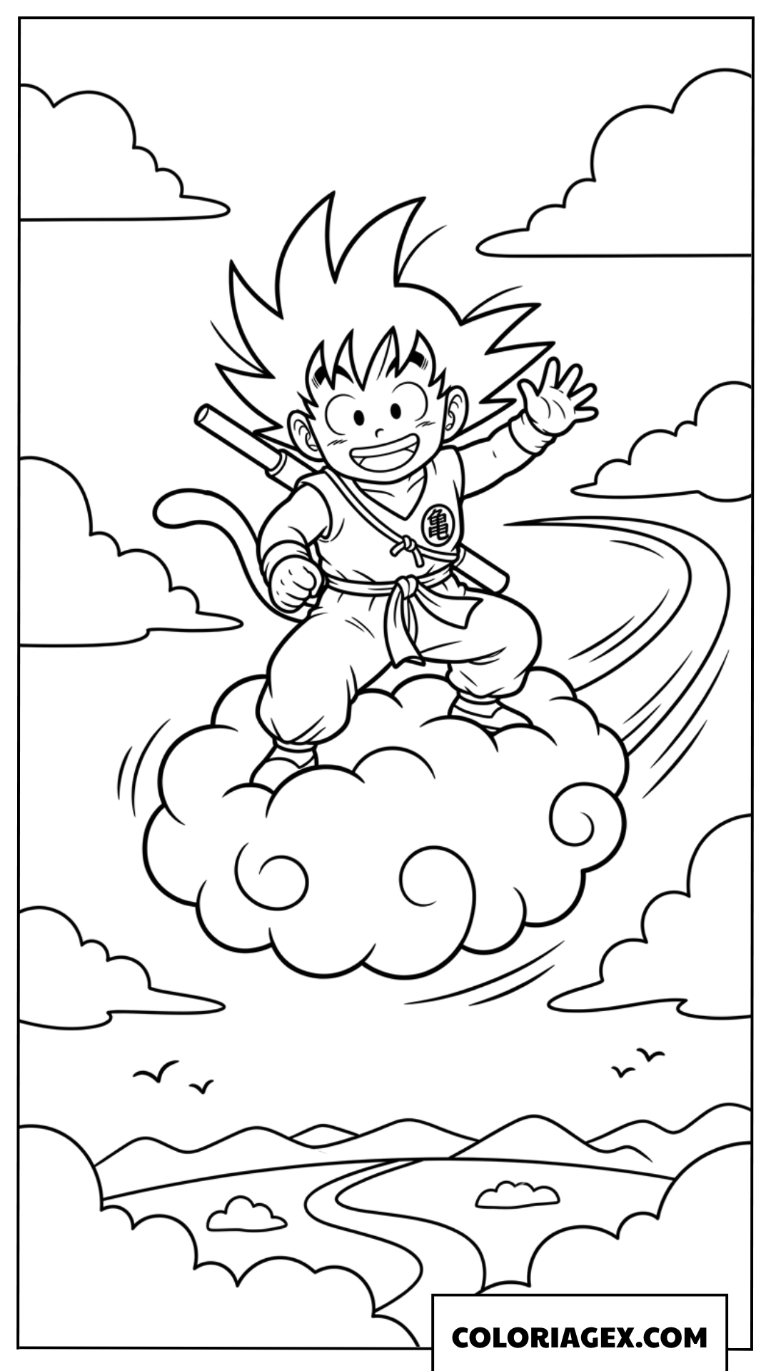 Coloriage Goku sur son nuage magique