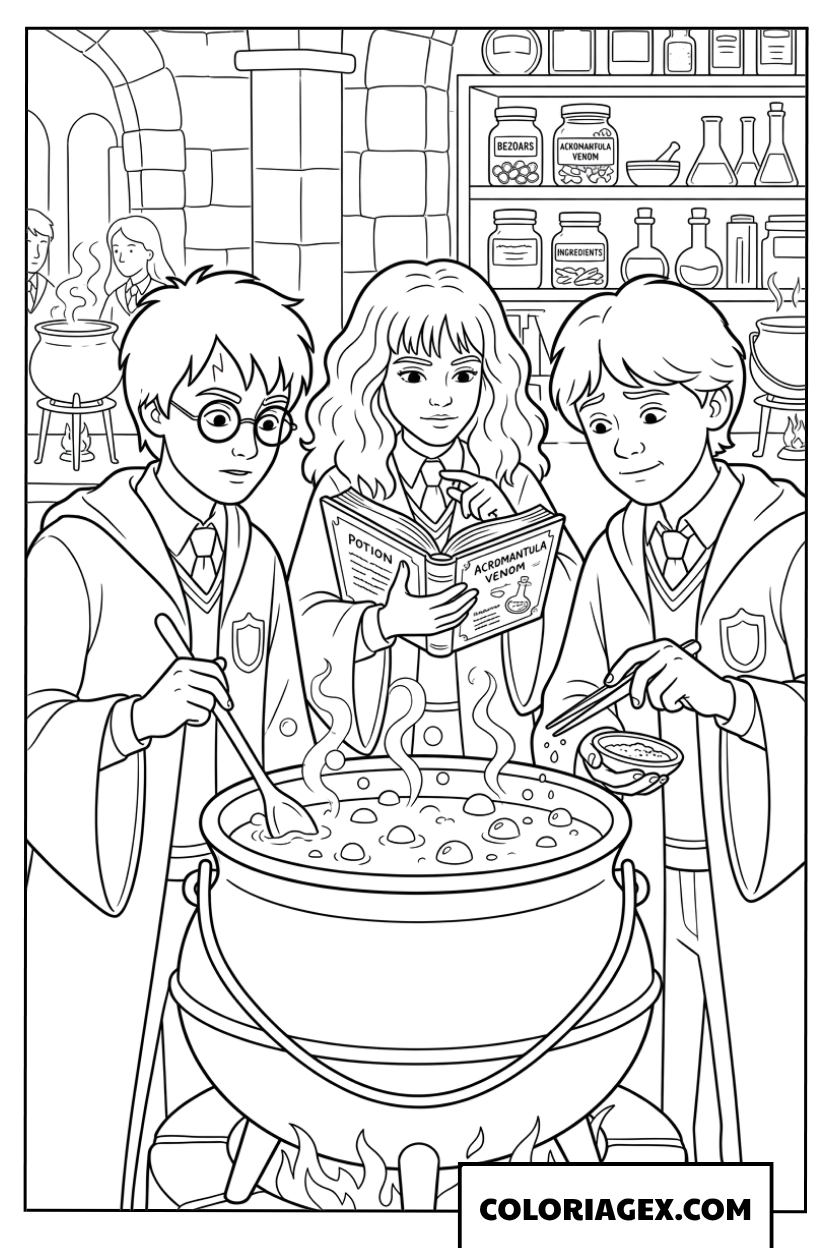 Coloriage Harry Potter en plein cours de potions