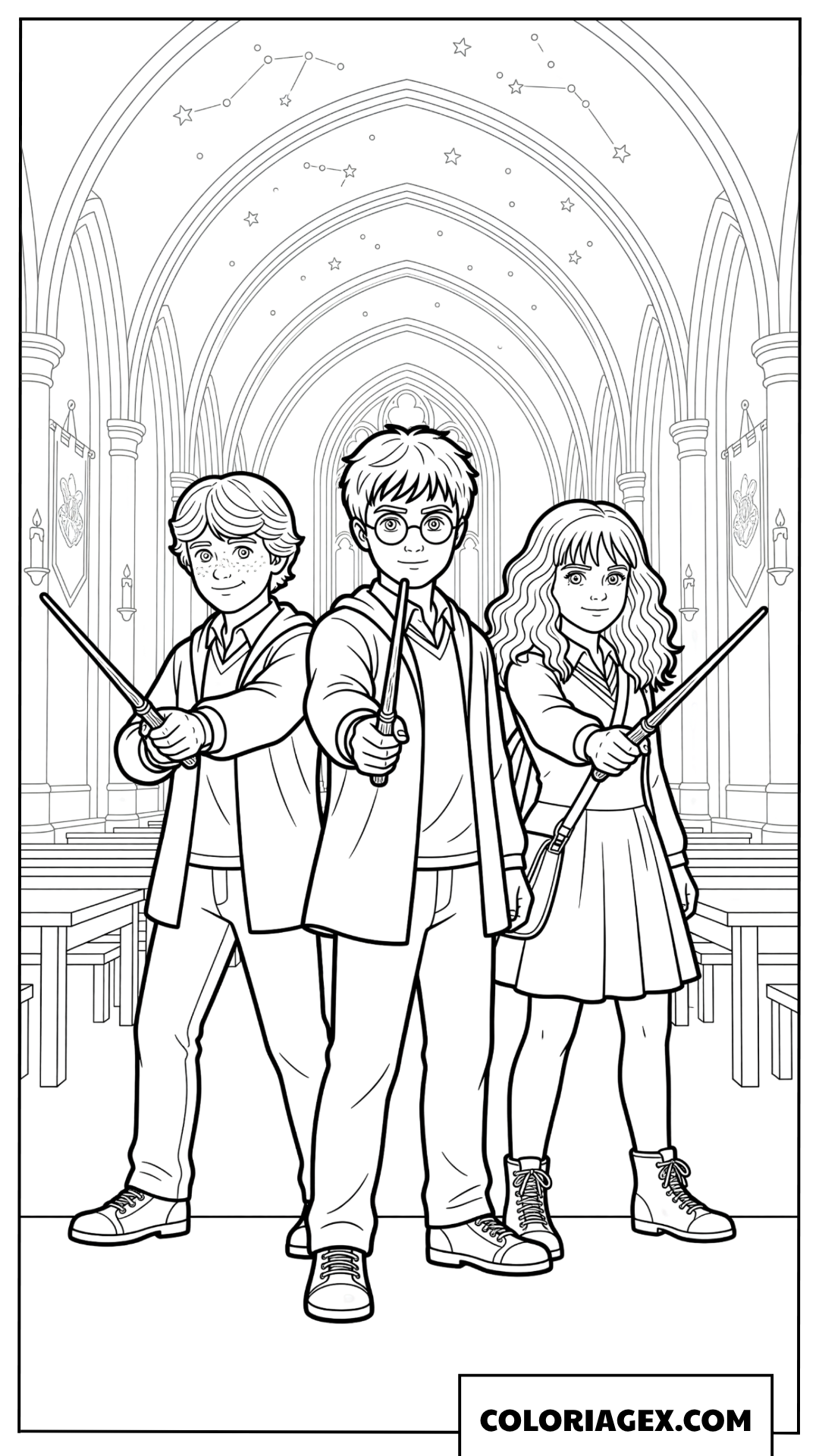 Coloriage Harry Potter et ses Amis avec baguettes magiques