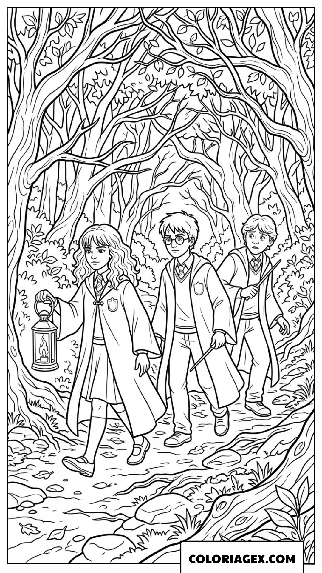 Coloriage Harry Potter et ses Amis dans la Forêt Interdite