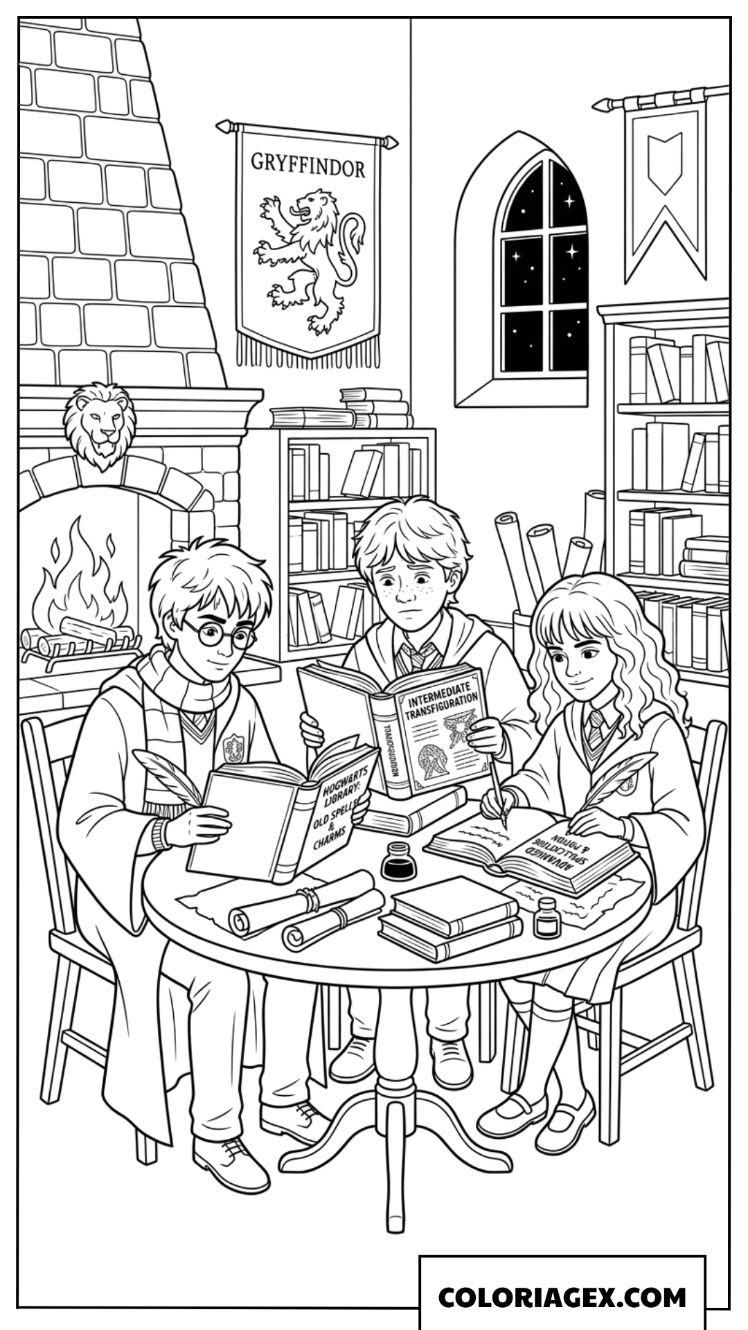 Coloriage Harry Potter et ses Amis en train d'étudier