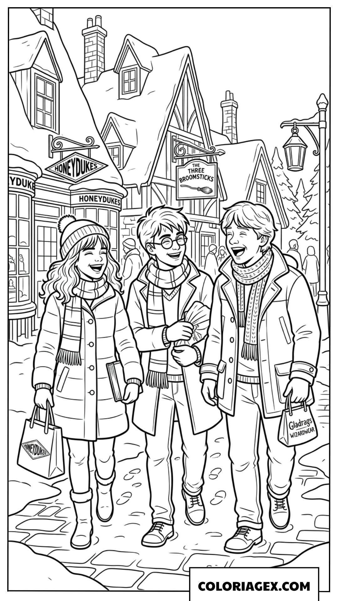 Coloriage Harry Potter et ses Amis explorant Pré-au-Lard