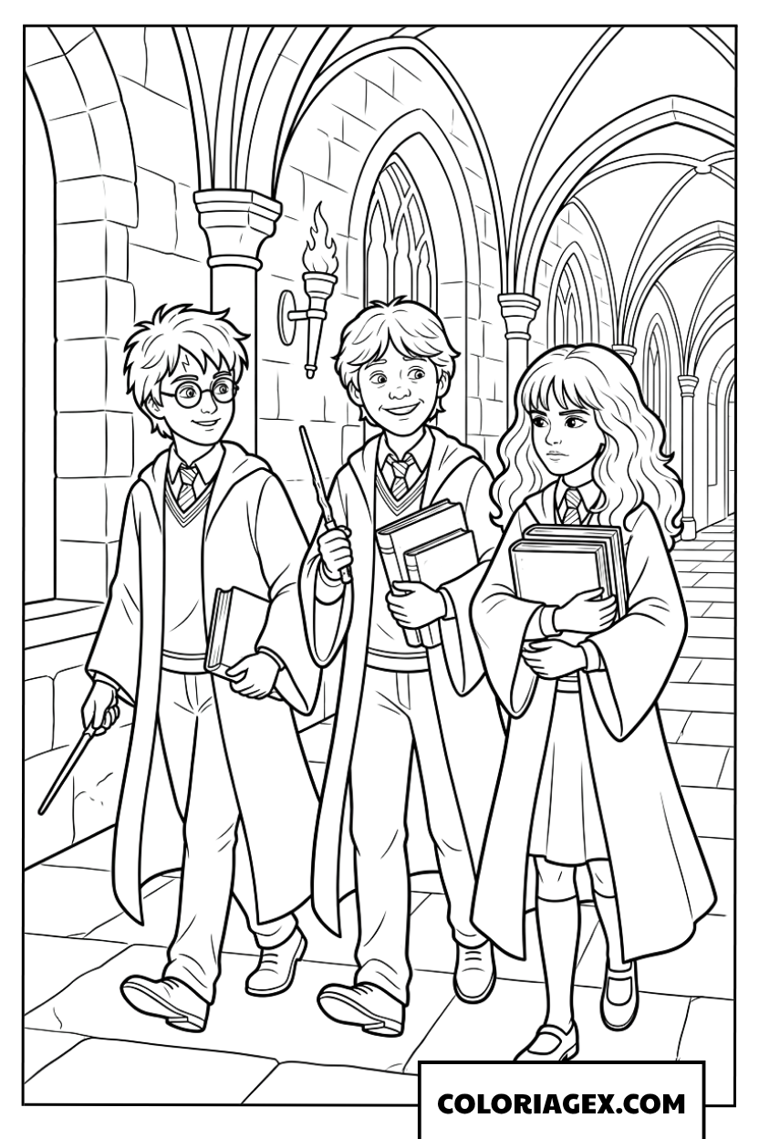 Coloriage Harry Potter et ses amis en promenade