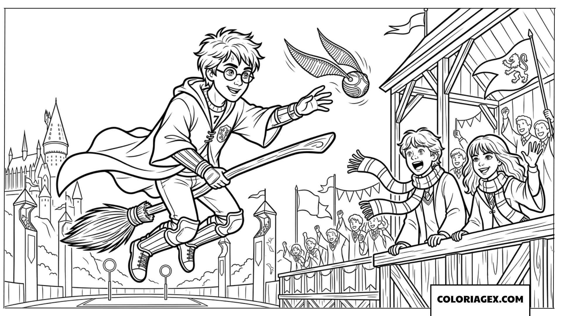 Coloriage Harry Potter volant sur son balai pour attraper le Vif dOr au Quidditch
