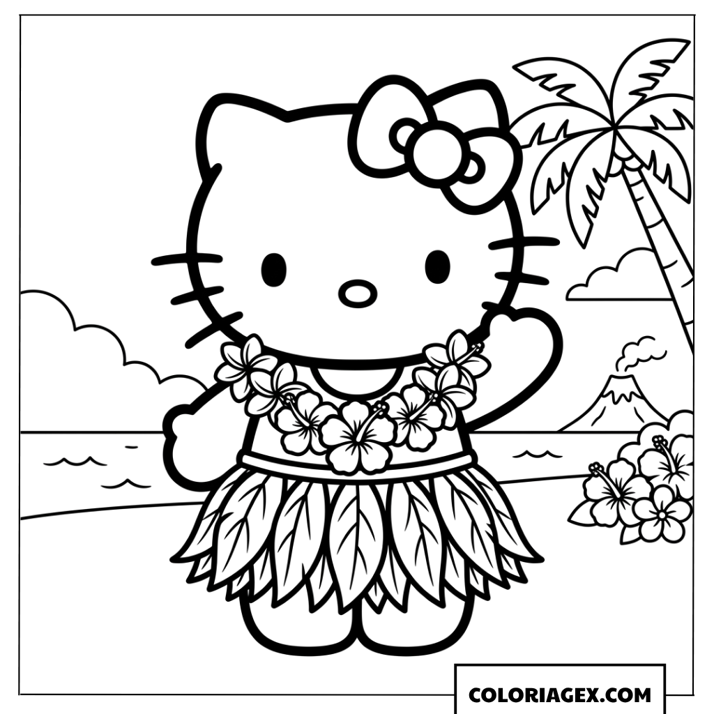 Coloriage Hello Kitty avec une tenue traditionnelle Hula