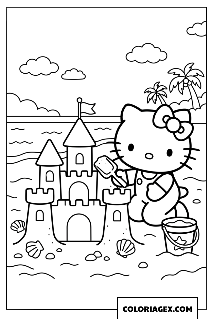 Coloriage Hello Kitty bâtissant un grand château de sable
