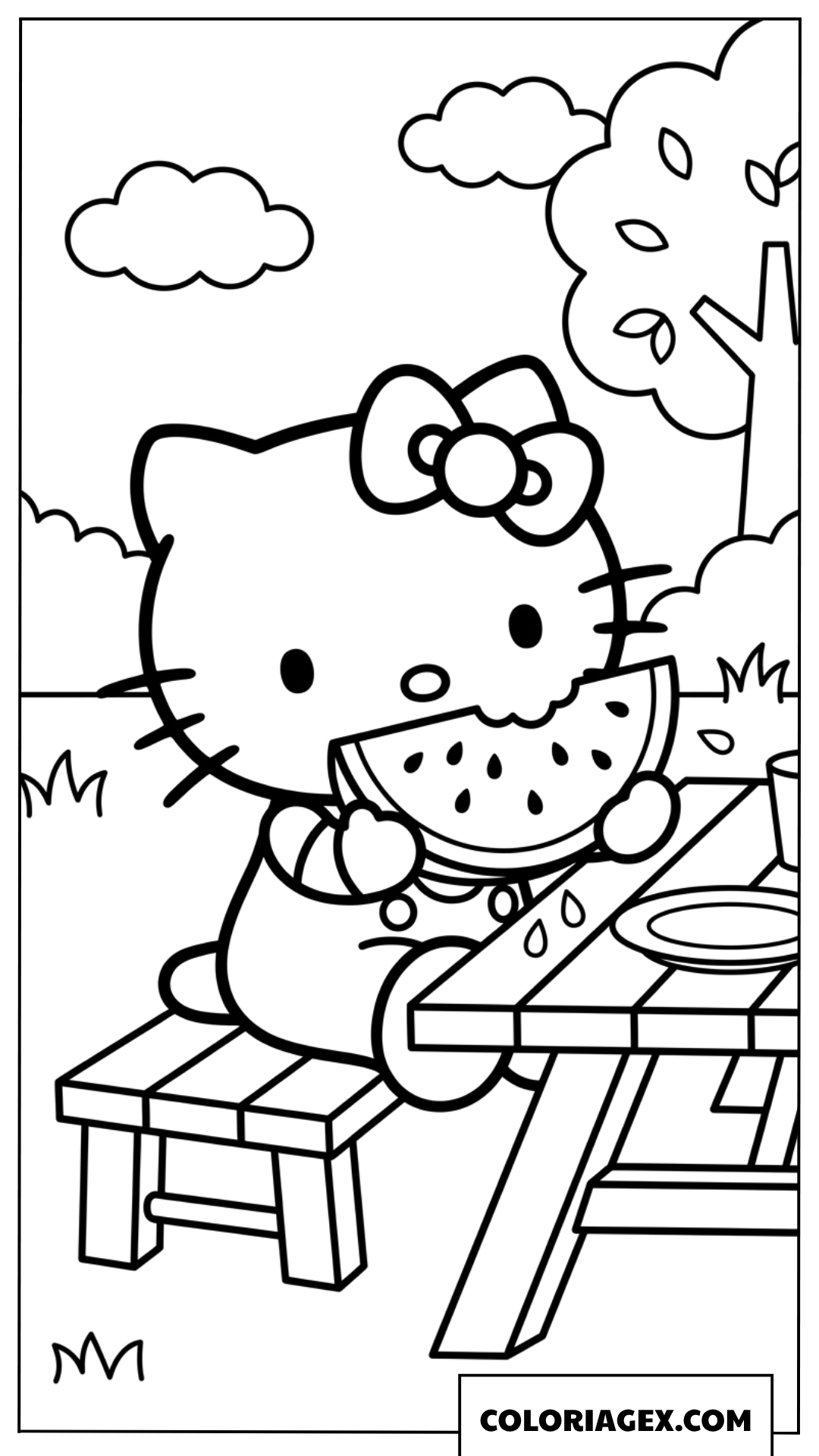 Coloriage Hello Kitty deguste une tranche de pasteque