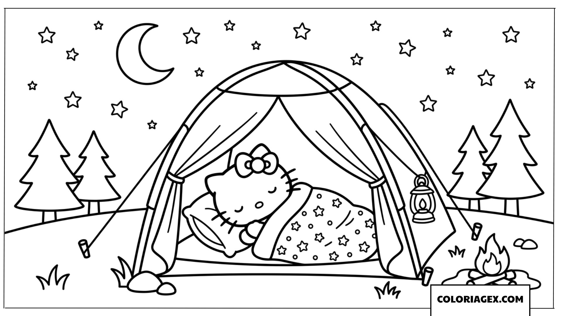 Coloriage Hello Kitty dormant dans sa tente sous les etoiles