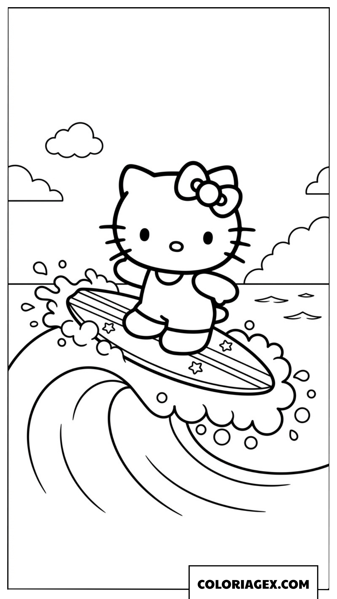 Coloriage Hello Kitty en train de surfer sur une vague
