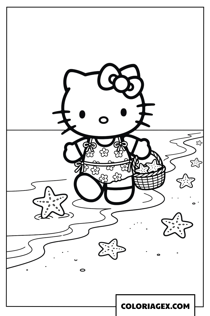 Coloriage Hello Kitty ramassant des etoiles de mer
