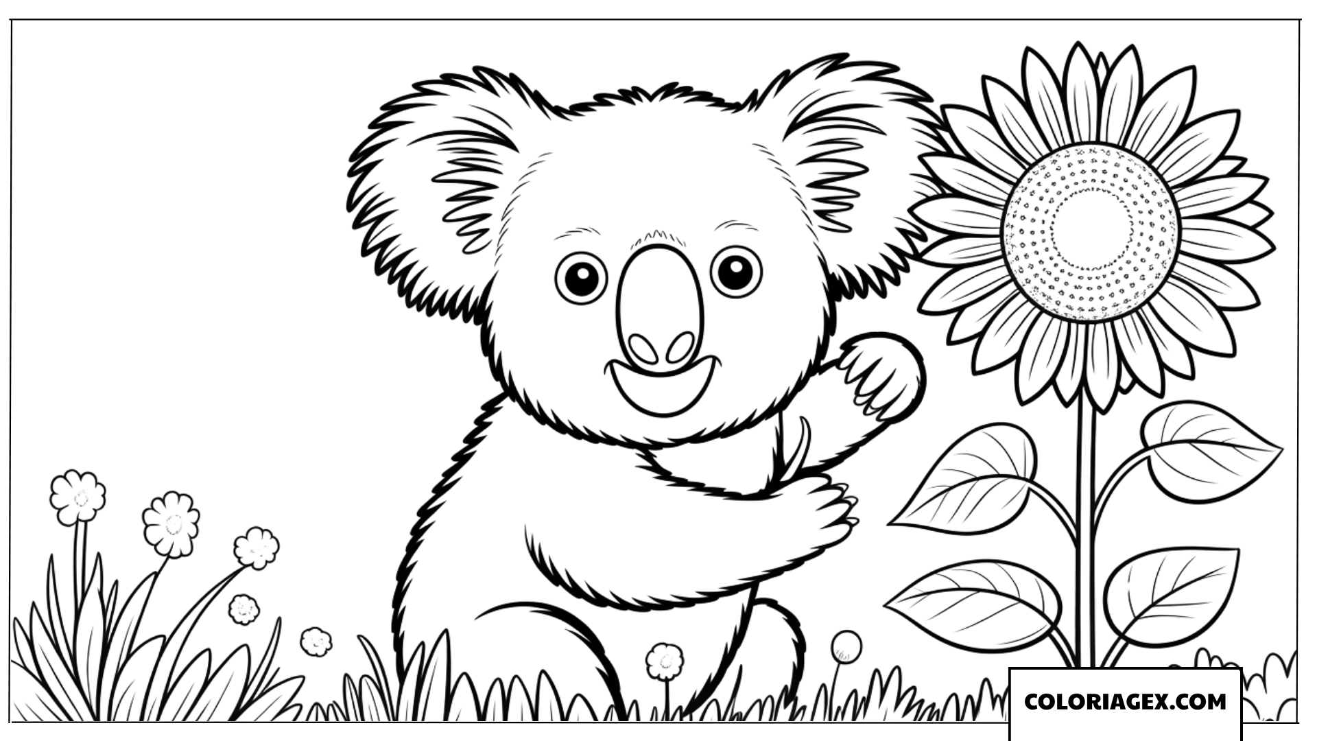 Coloriage Koala et tournesol dans le jardin