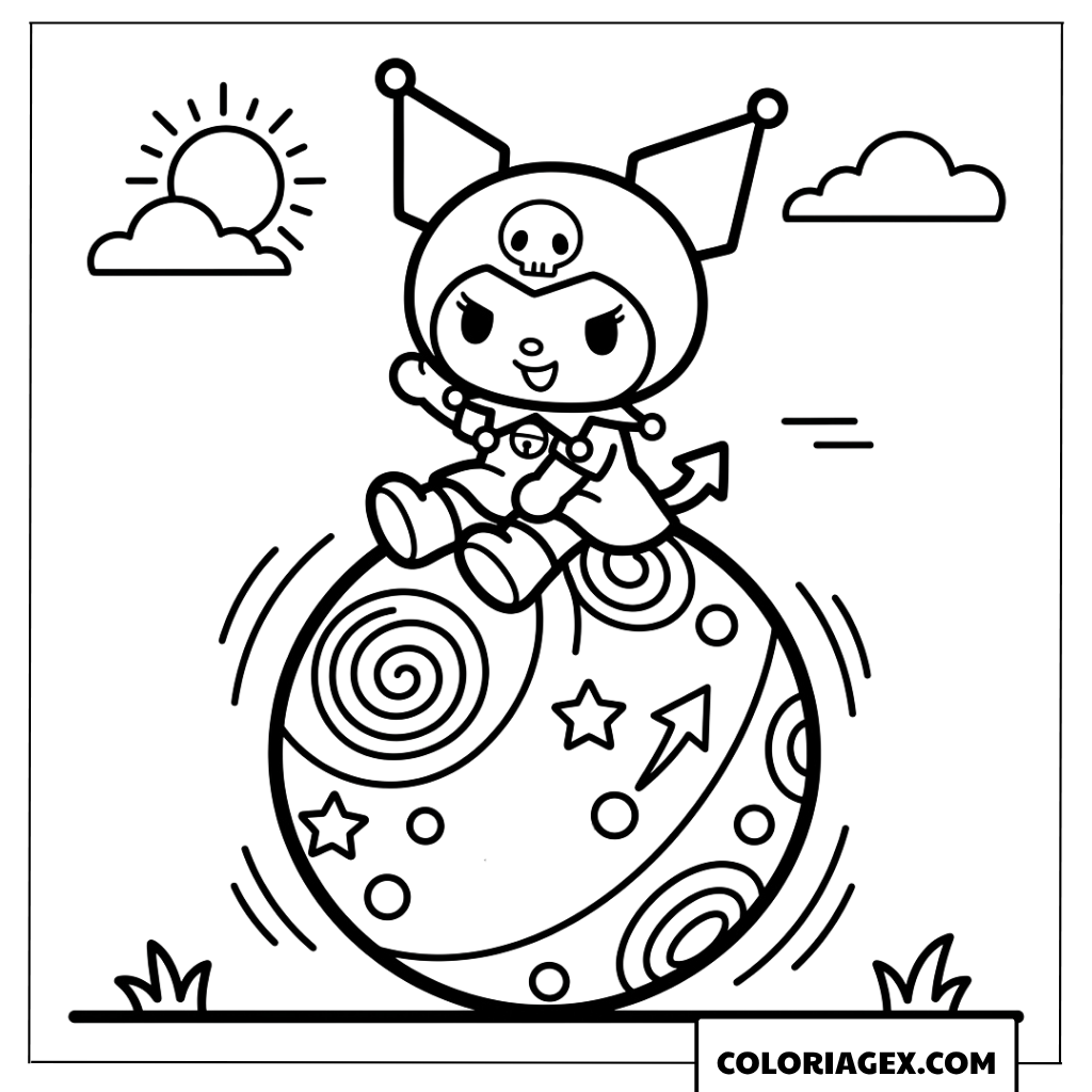 Coloriage Kuromi chibi s'amusant sur une balle