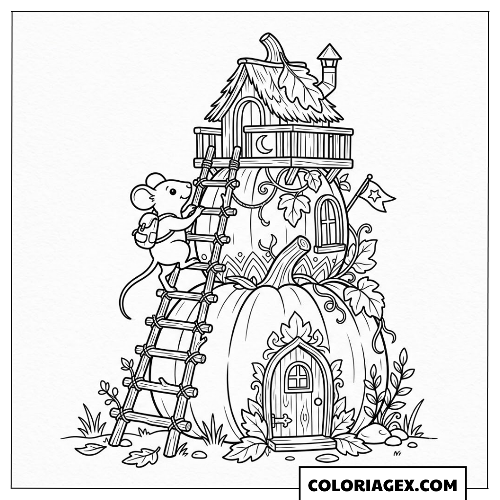 Coloriage Maison Citrouille avec Échelle