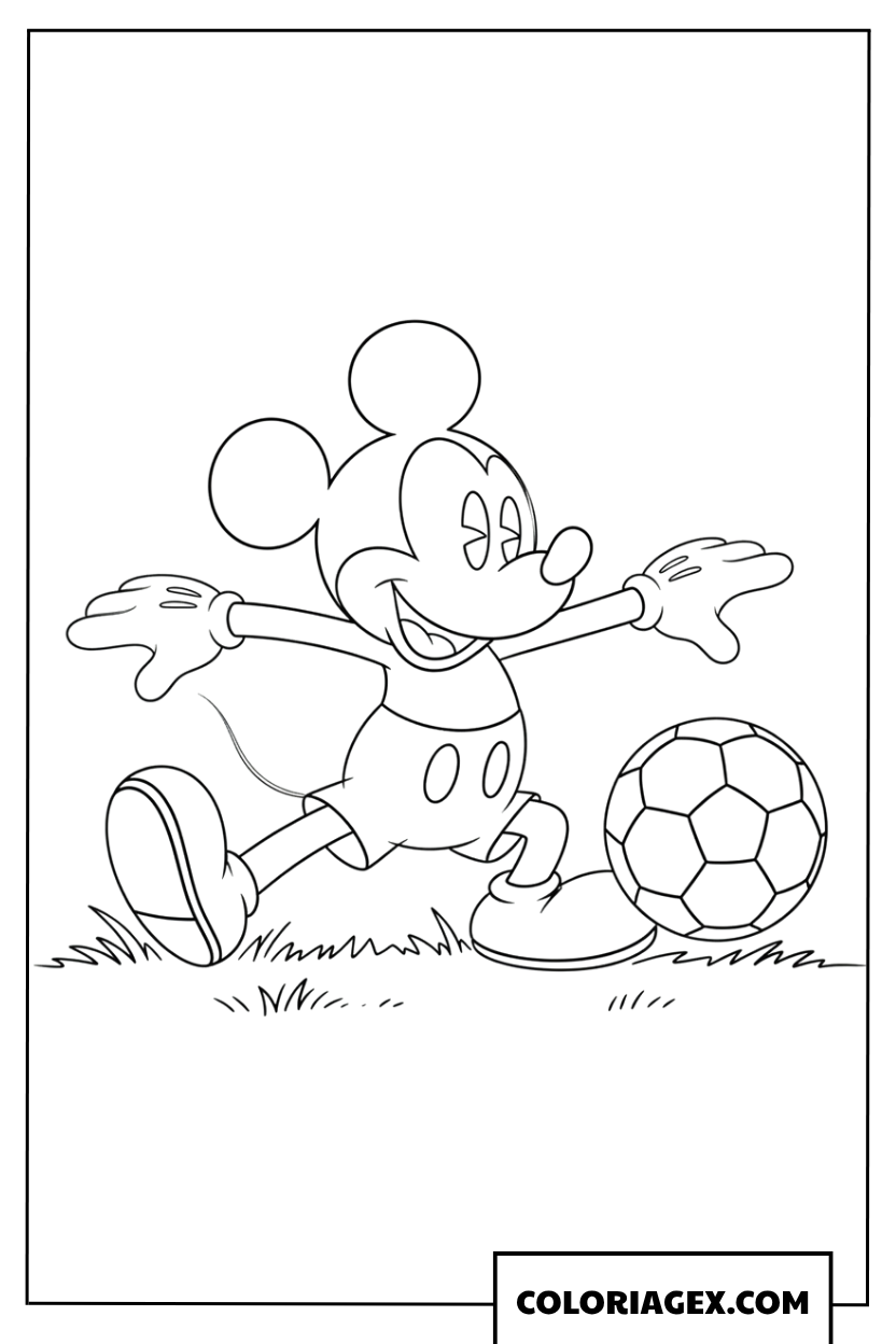 Coloriage Mickey dribblant un ballon sur le terrain