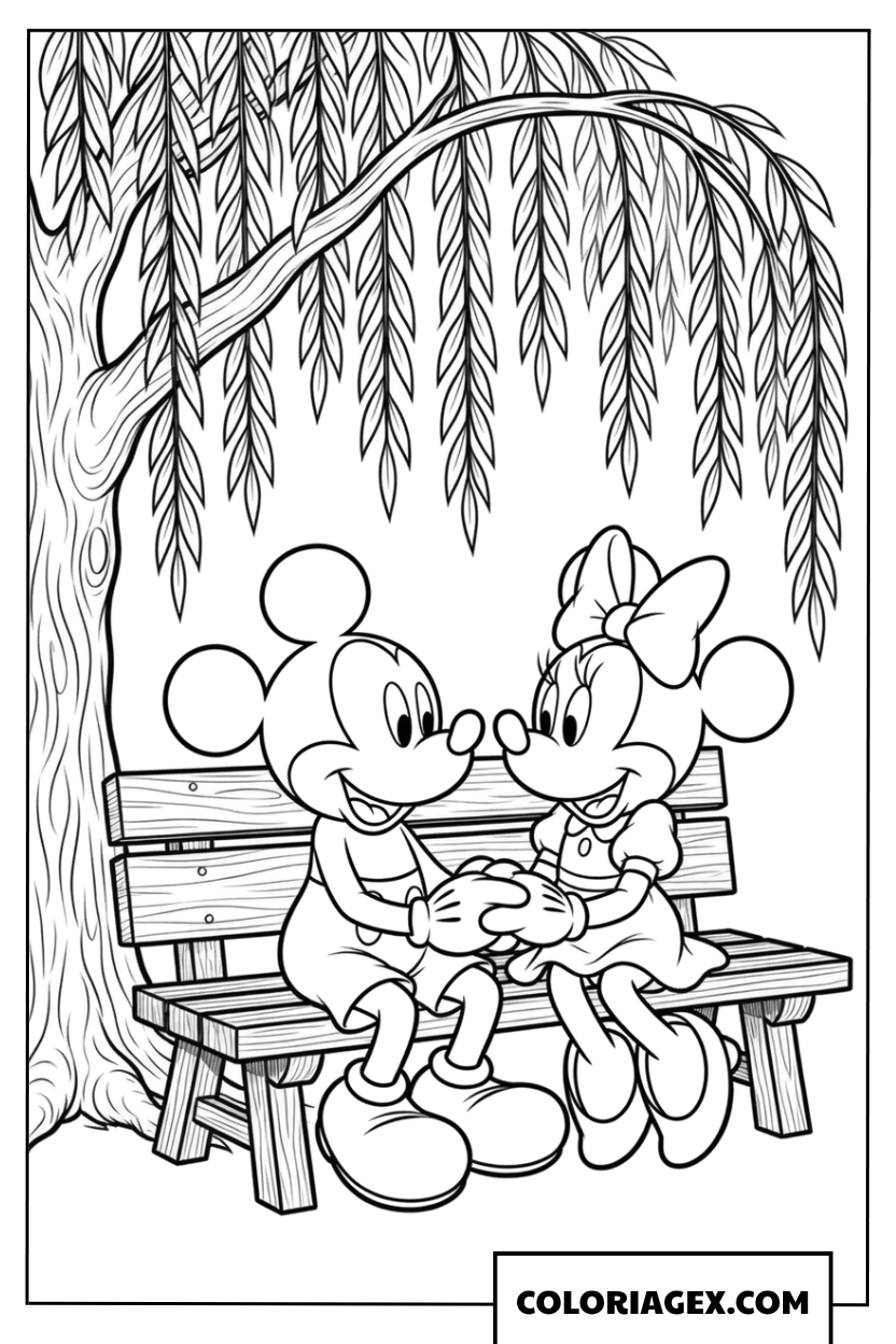 Coloriage Mickey et Minnie assis sur un banc sous un saule