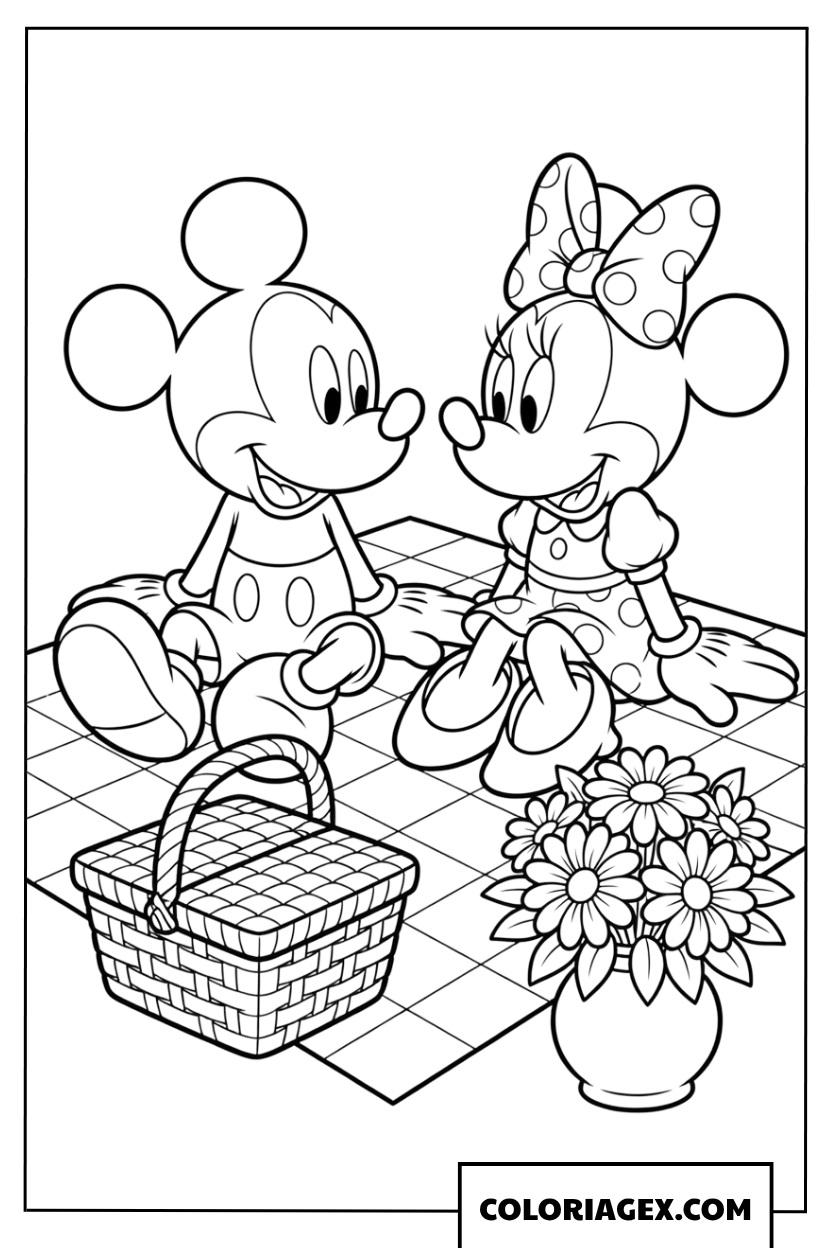Coloriage Mickey et Minnie en pique-nique sur une couverture