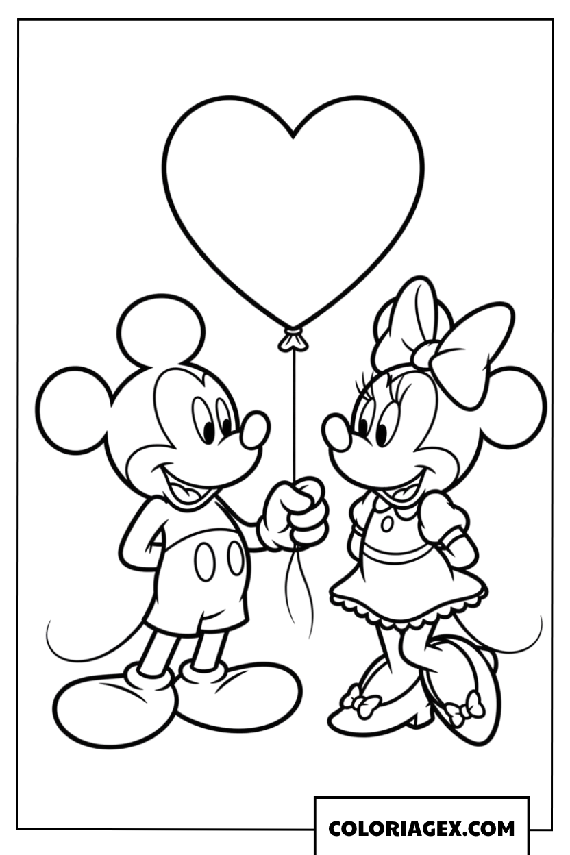 Coloriage Mickey offrant un ballon en cœur à Minnie