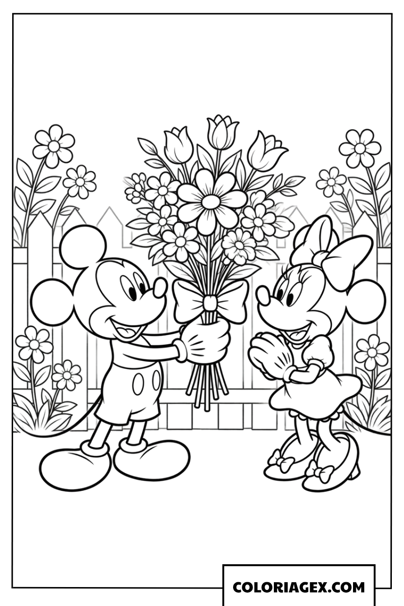 Coloriage Mickey offrant un bouquet de fleurs à Minnie dans le jardin