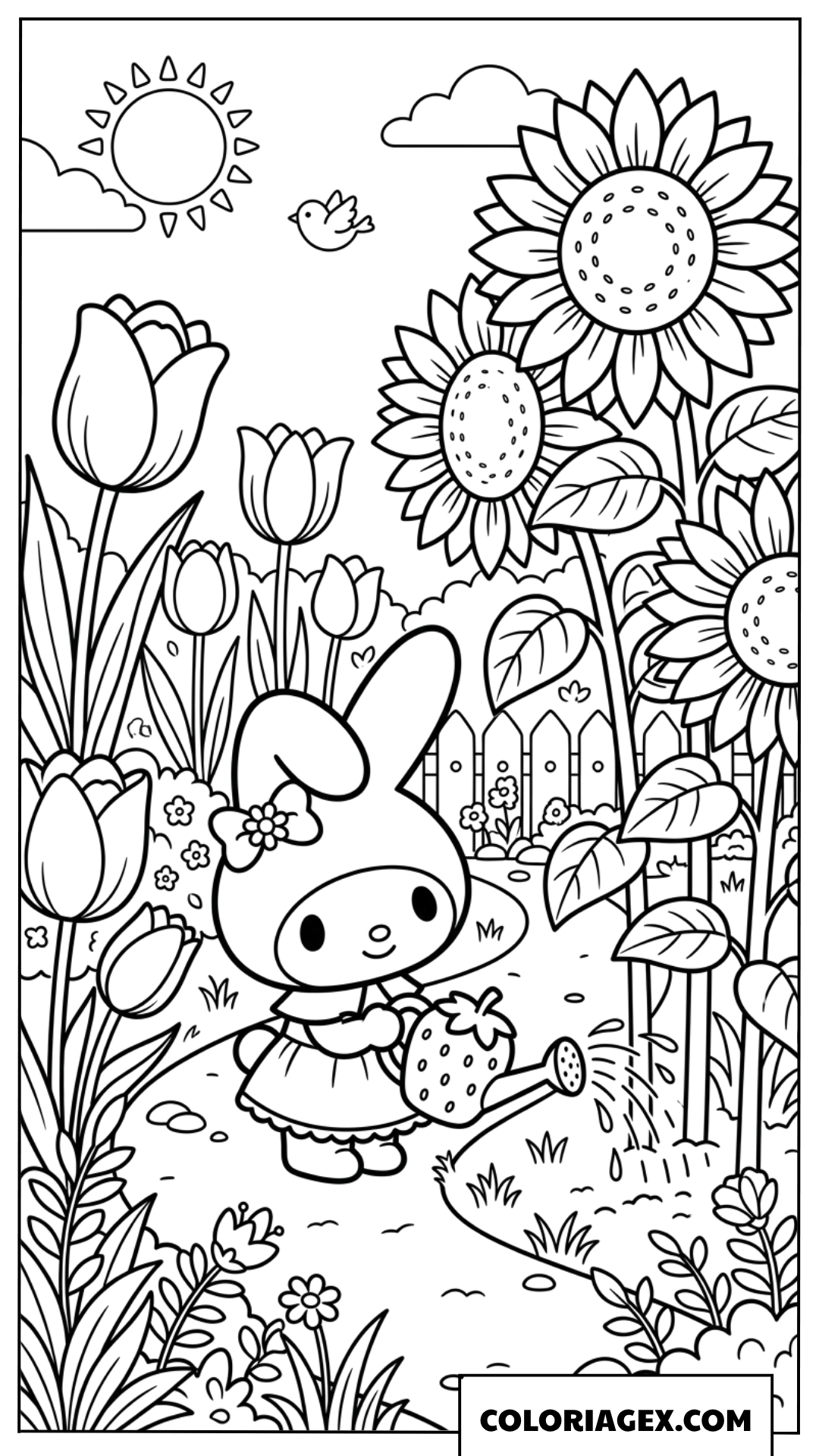 Coloriage My Melody arrosant des tournesols géants