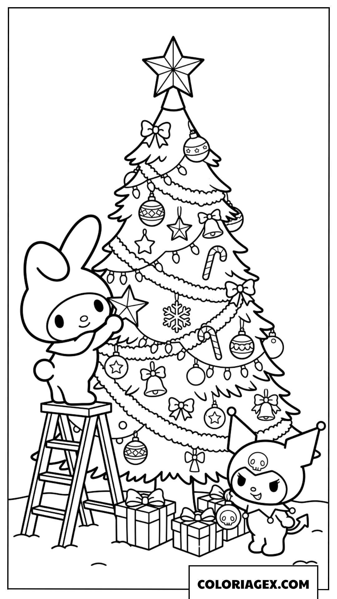 Coloriage My Melody et Kuromi décorant le sapin
