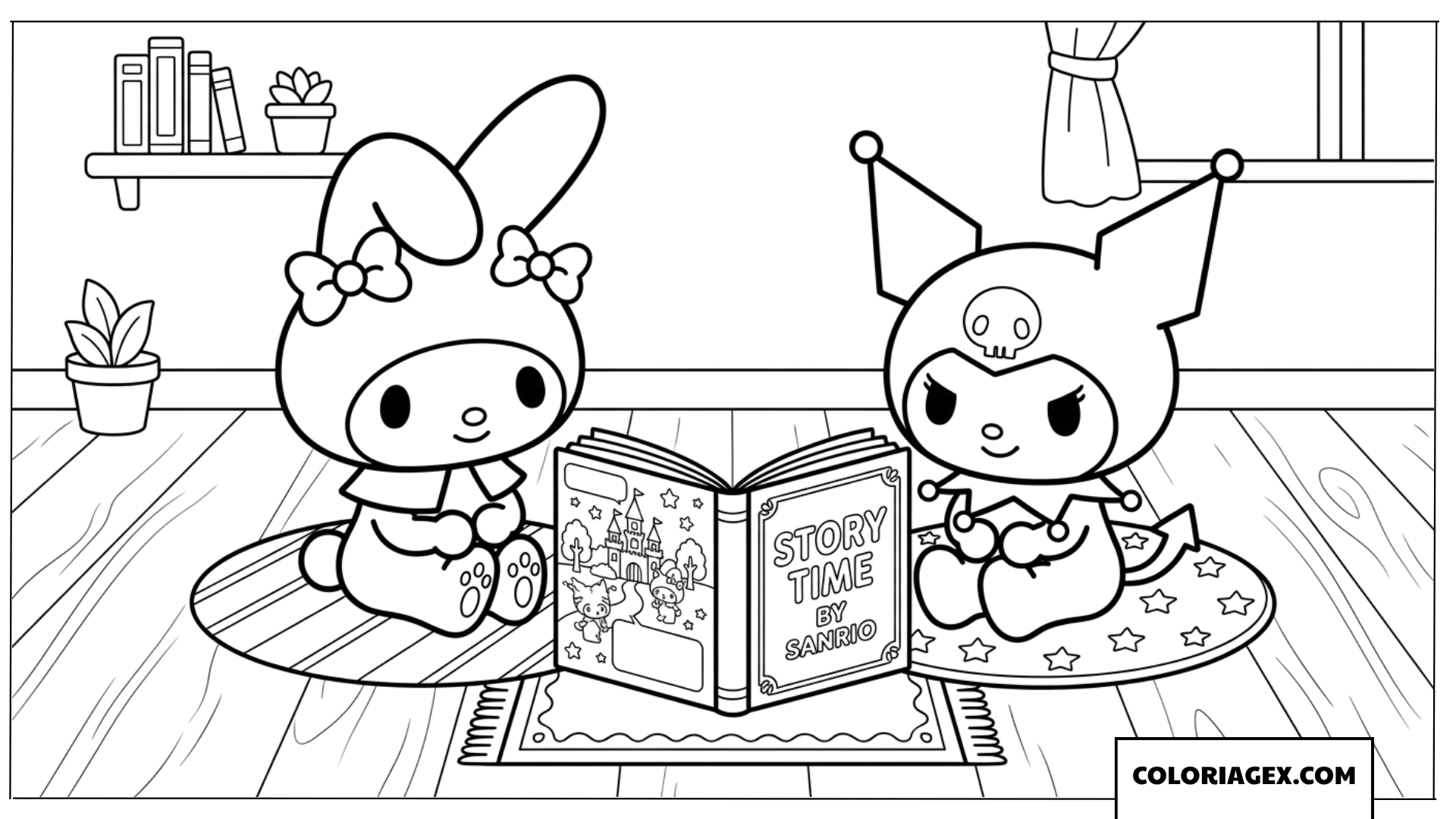 Coloriage My Melody et Kuromi lisant une histoire