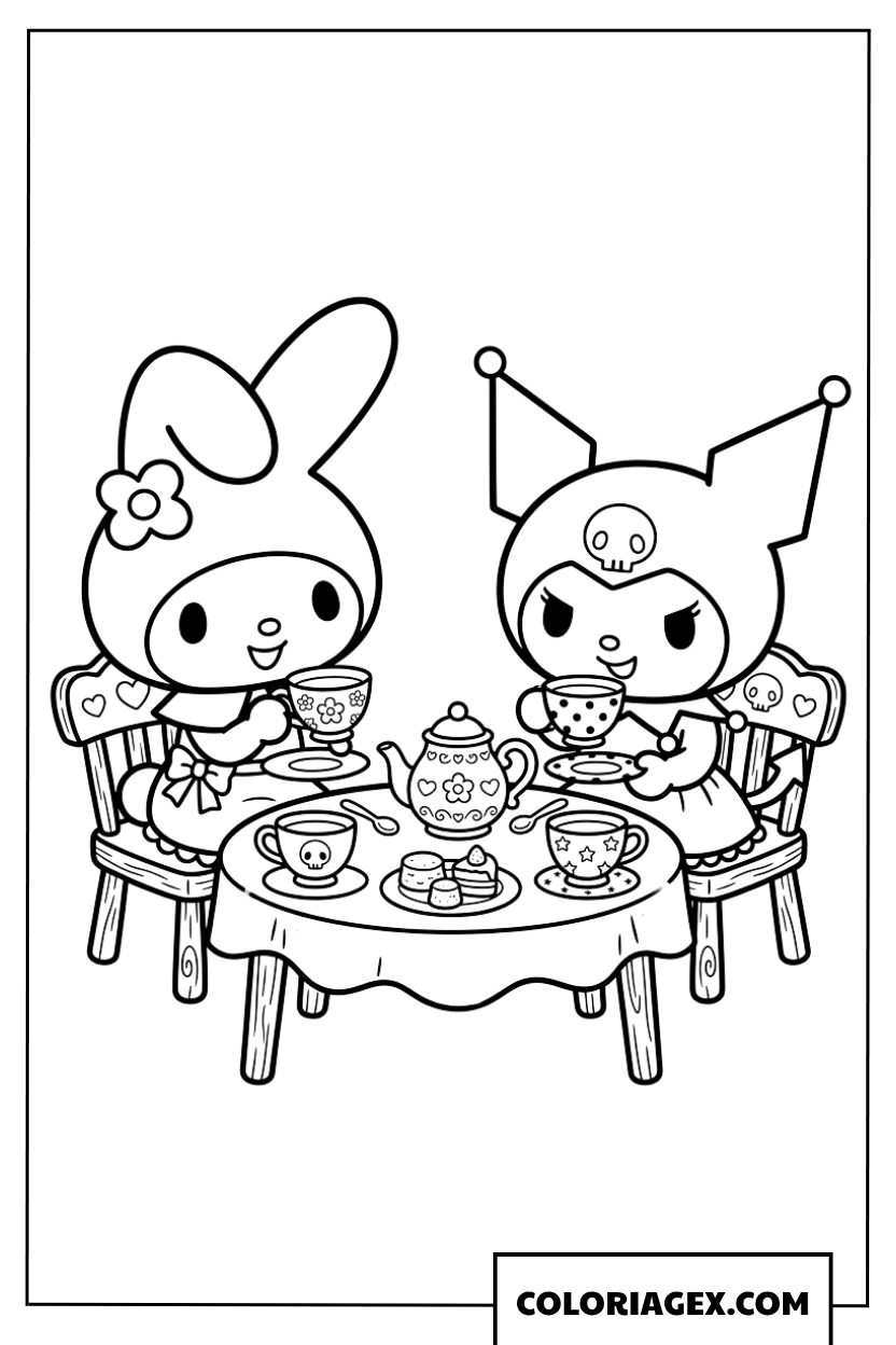 Coloriage My Melody et Kuromi lors d'un goûter