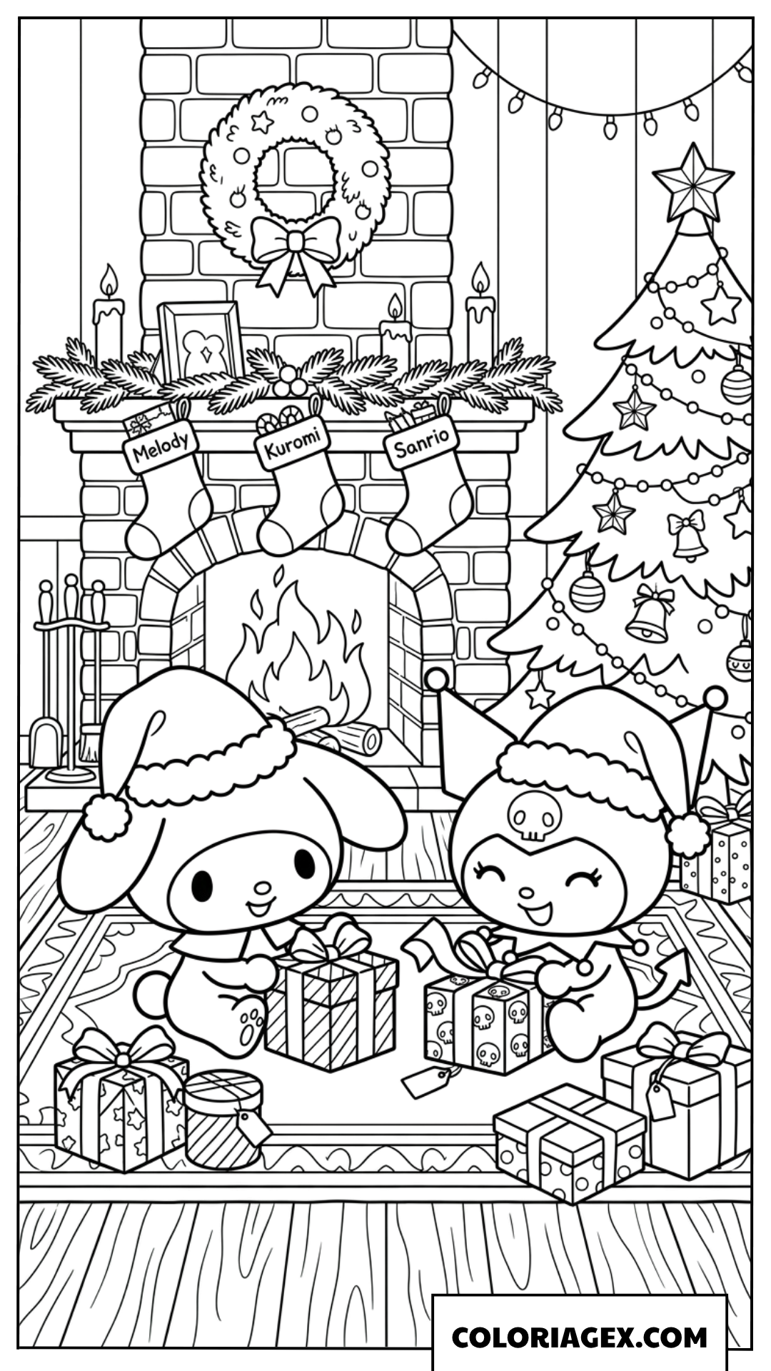 Coloriage My Melody et Kuromi ouvrant des cadeaux