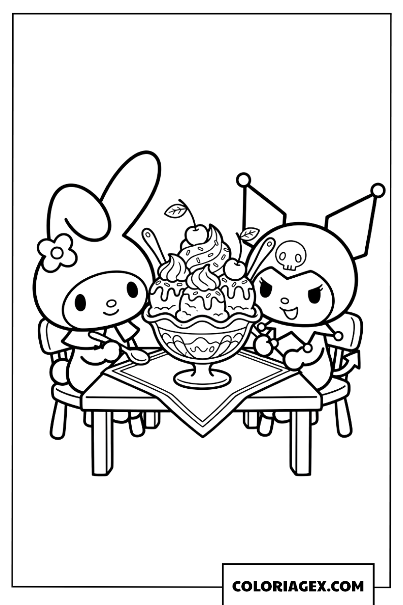 Coloriage My Melody et Kuromi partageant une glace