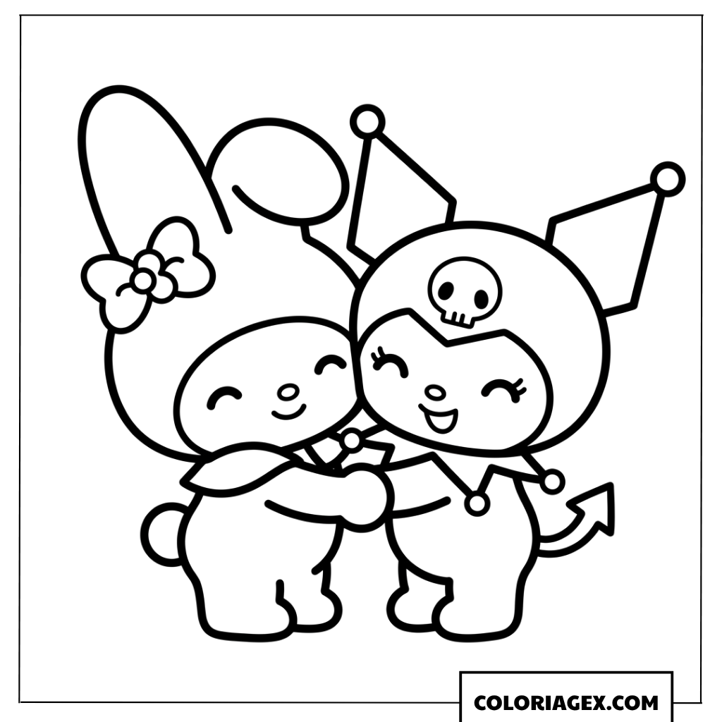 Coloriage My Melody et Kuromi s'étreignant tendrement