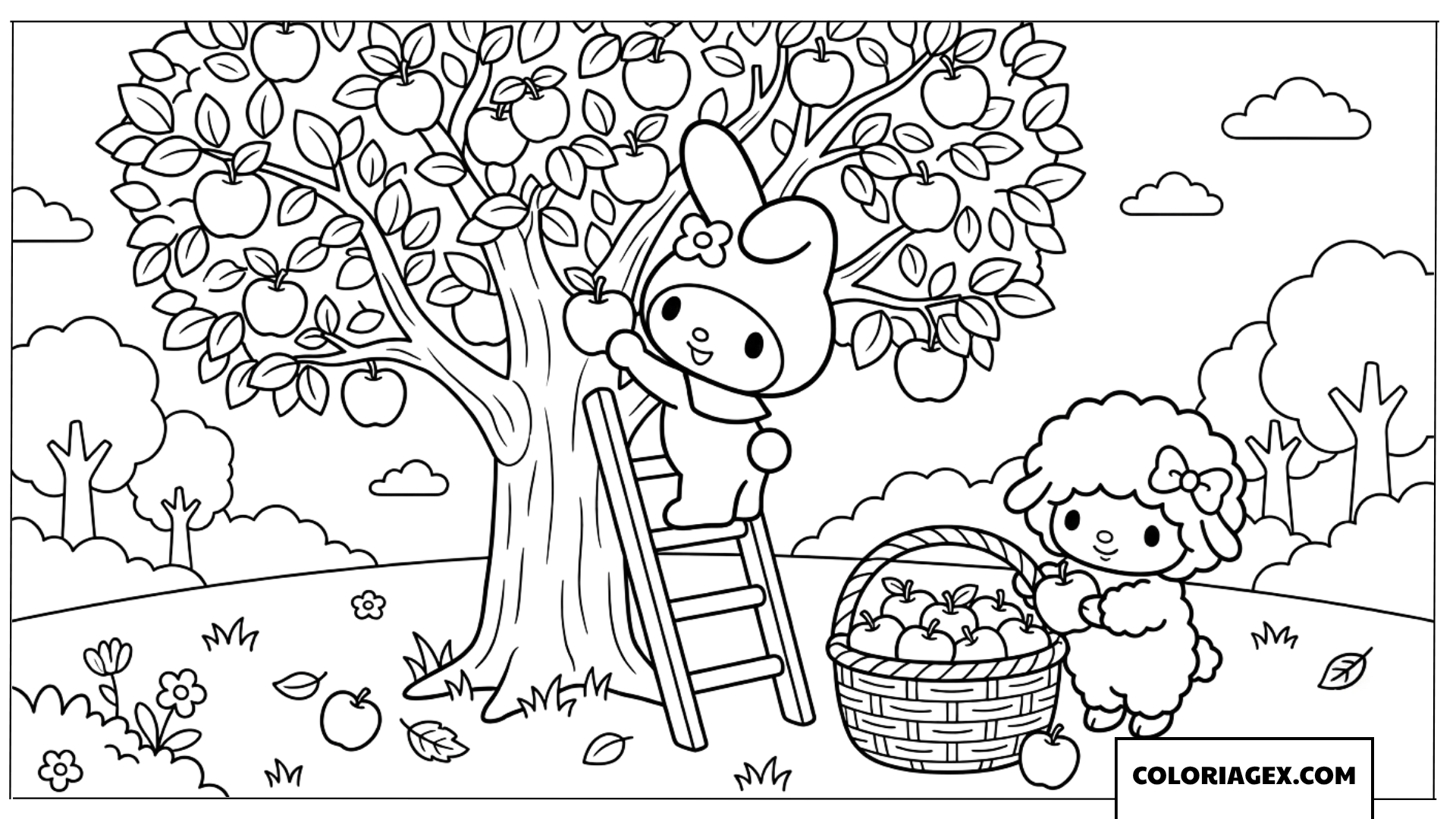 Coloriage My Melody et Piano cueillant des pommes