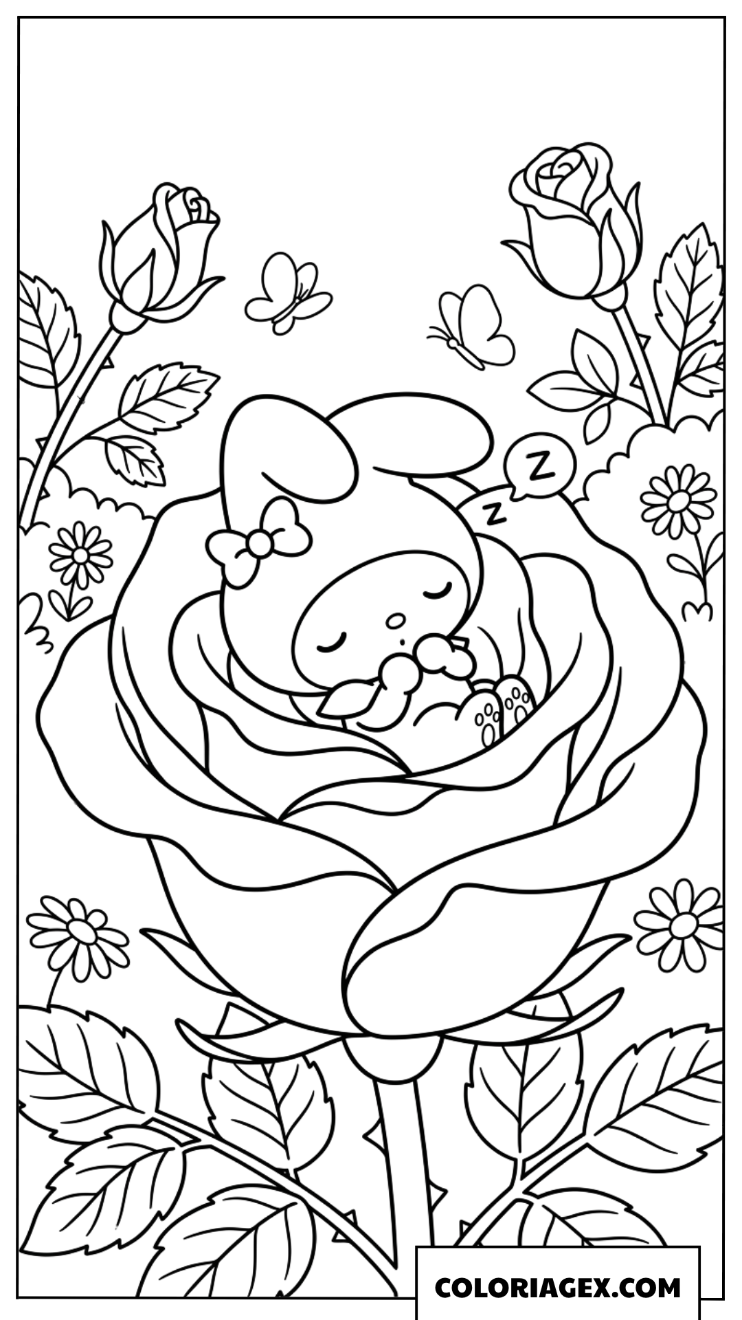 Coloriage My Melody faisant la sieste dans un bouton de rose