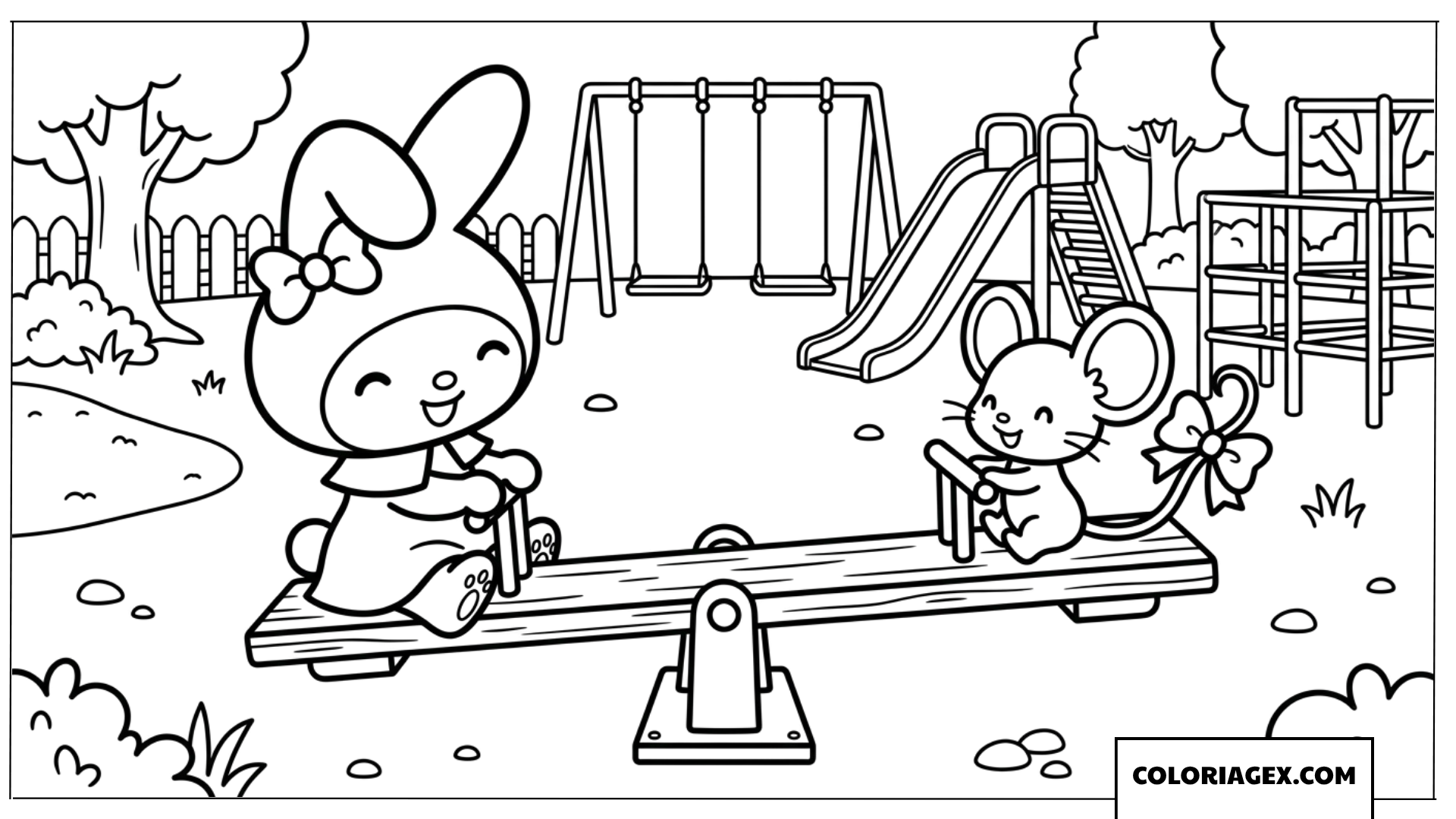 Coloriage My Melody jouant à la balançoire avec son ami