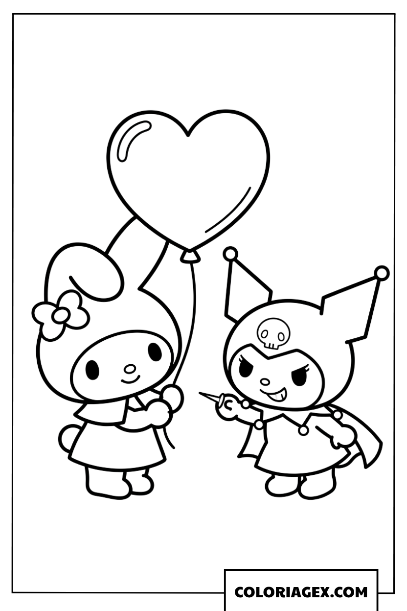 Coloriage My Melody offrant un ballon cœur à Kuromi
