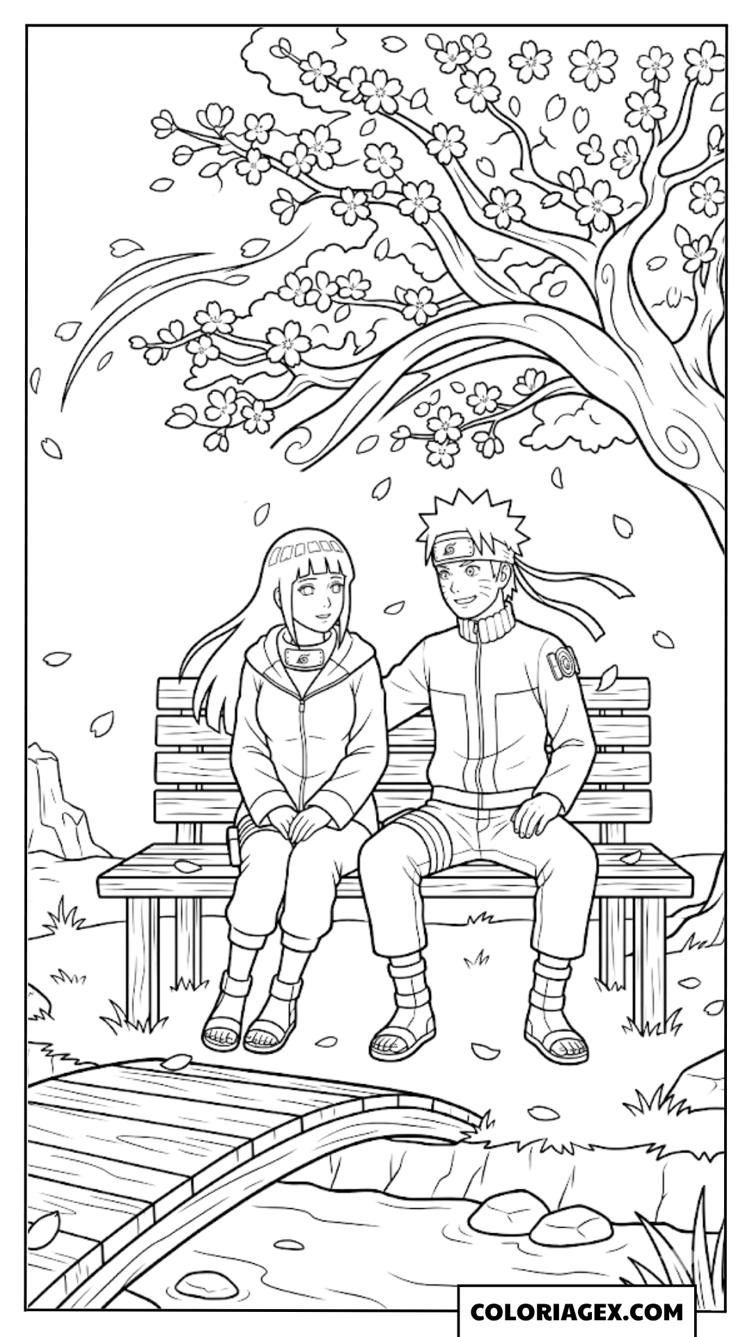 Coloriage Naruto et Hinata sur un banc sous les cerisiers