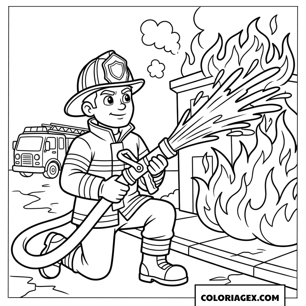 Coloriage Pompier a Genoux avec sa Lance