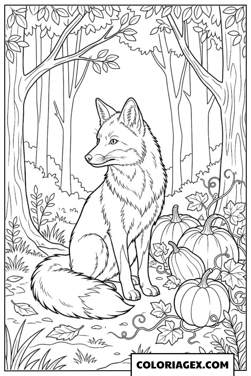 Coloriage Renard dans la Forêt avec Citrouilles