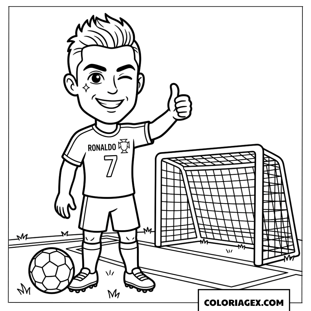 Coloriage Ronaldo chibi amusant devant le but
