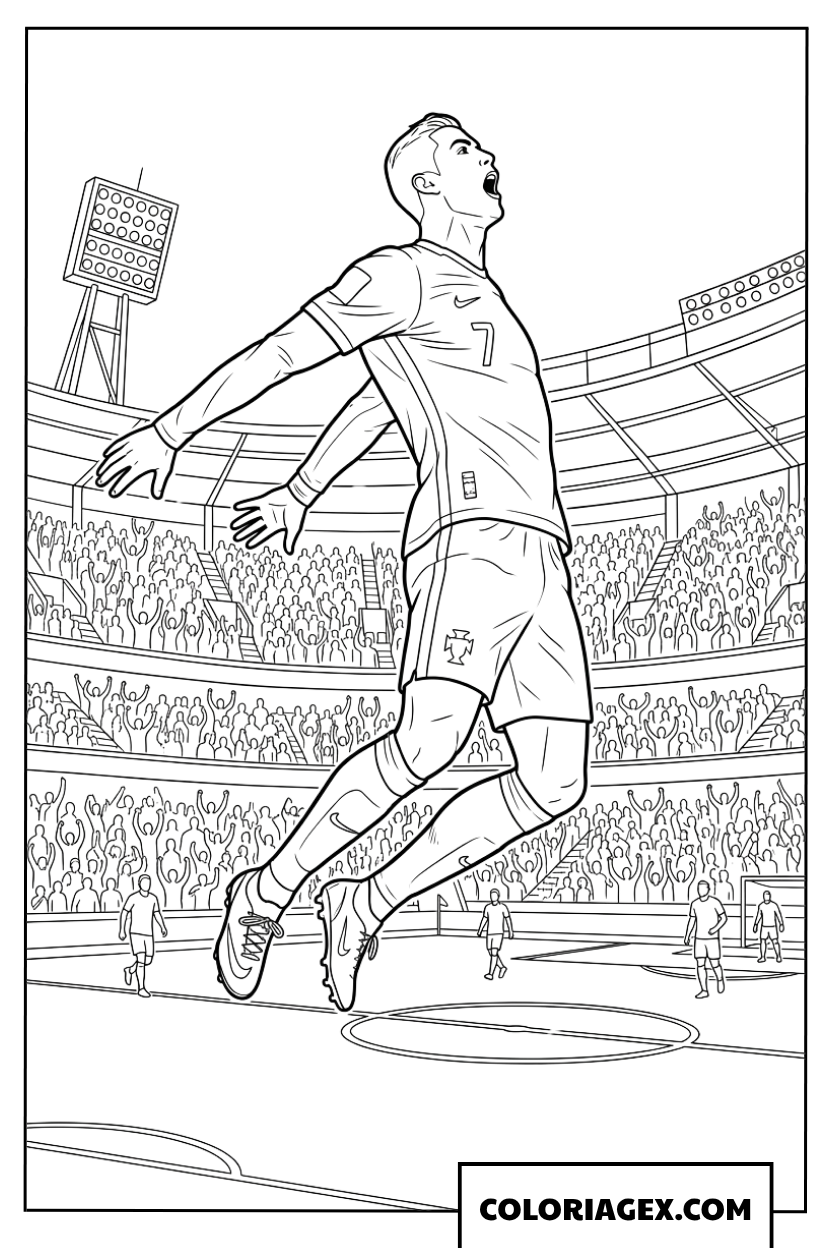 Coloriage Ronaldo sautant pour célébrer le Siuuu sur le terrain