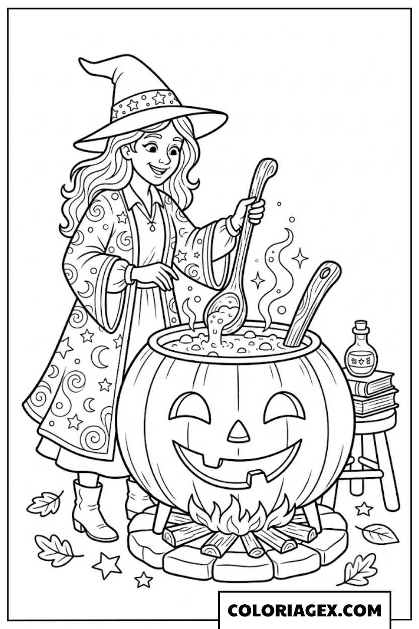 Coloriage Sorcière et Chaudron