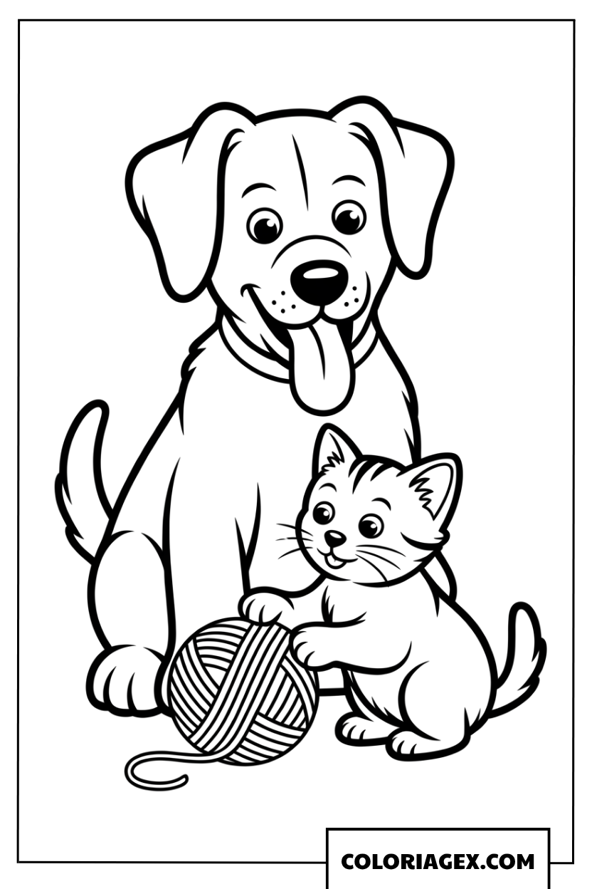 Coloriage Un chien et un chaton jouant avec un ballon
