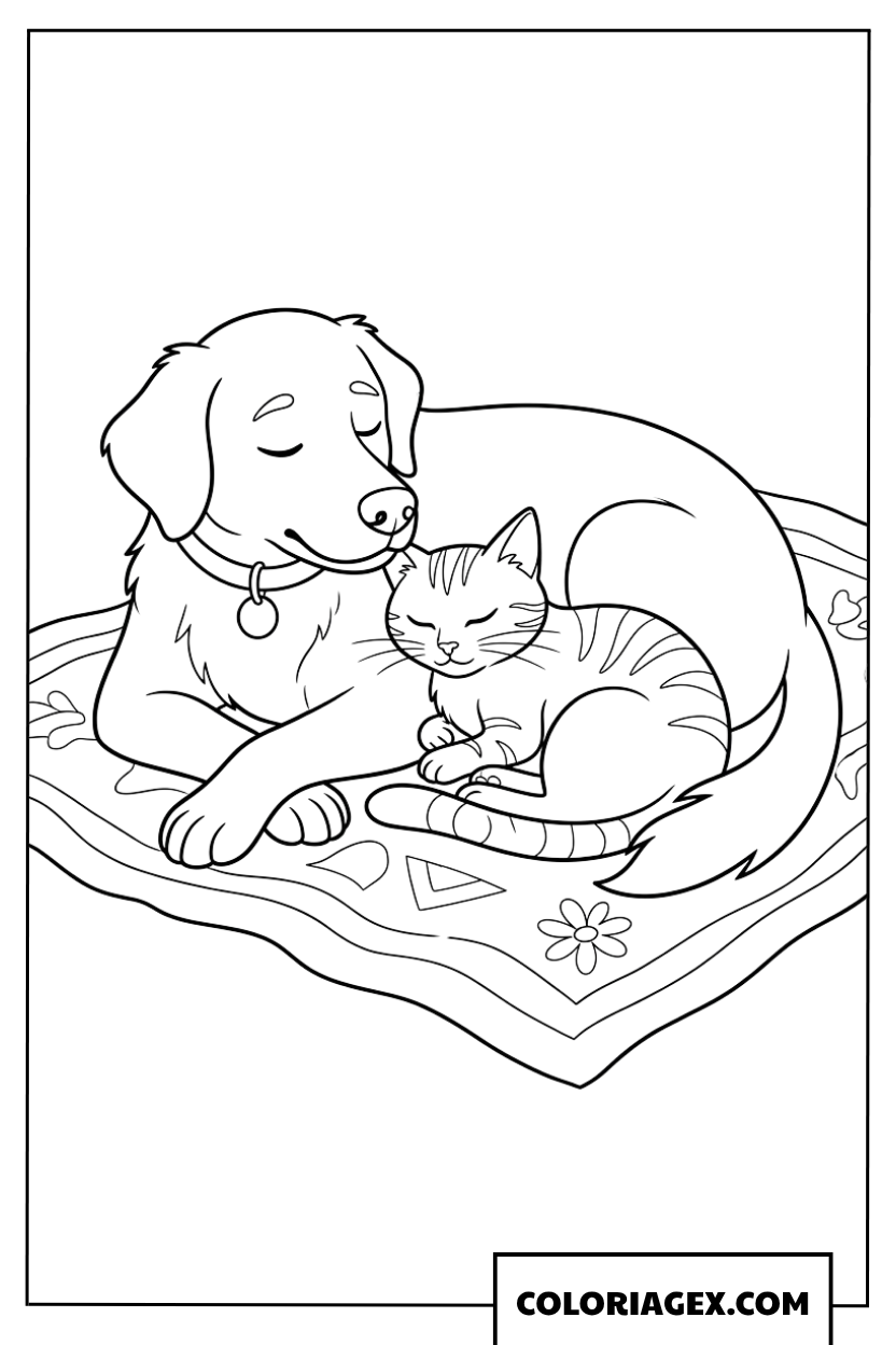 Coloriage Un chien et un chaton qui dorment ensemble