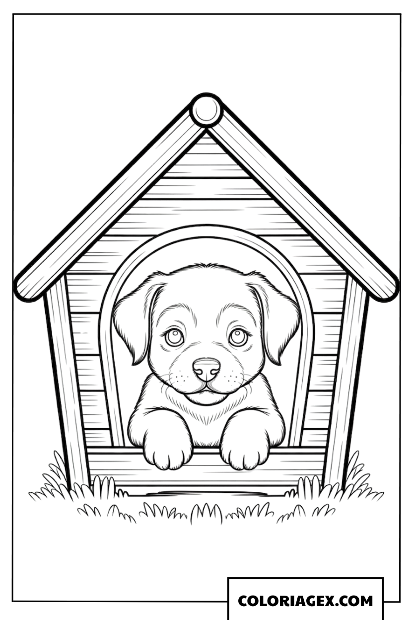 Coloriage adorable chiot dans sa niche en bois